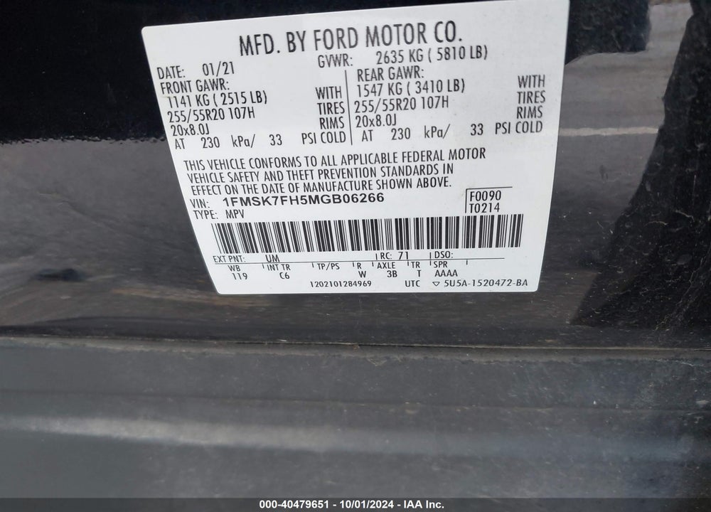 2021 FORD EXPLORER LIMITED VIN: 1FMSK7FH5MGB06266