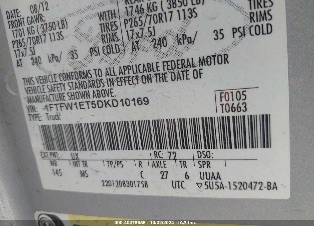 2013 FORD F-150 FX4/KING RANCH/LARIAT/LIMITED/PLATINUM/XL/XLT VIN: 1FTFW1ET5DKD10169
