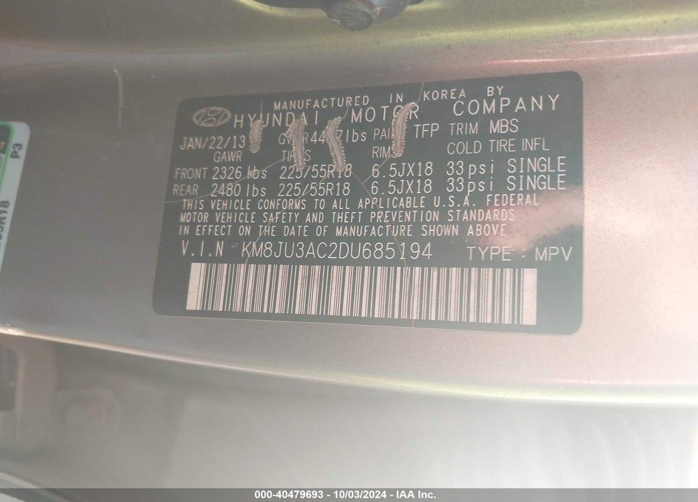 2013 HYUNDAI TUCSON LIMITED VIN: KM8JU3AC2DU685194