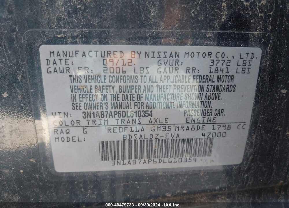 2013 NISSAN SENTRA SV VIN: 3N1AB7AP6DL610354