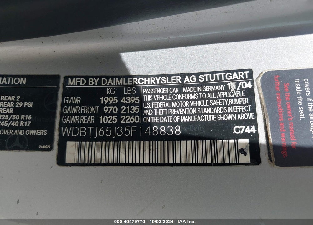 2005 MERCEDES-BENZ CLK 320 VIN: WDBTJ65J35F148838