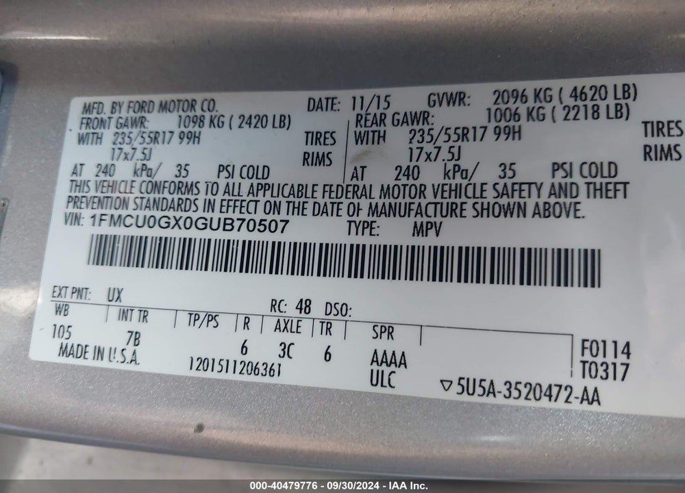 2016 FORD ESCAPE SE VIN: 1FMCU0GX0GUB70507