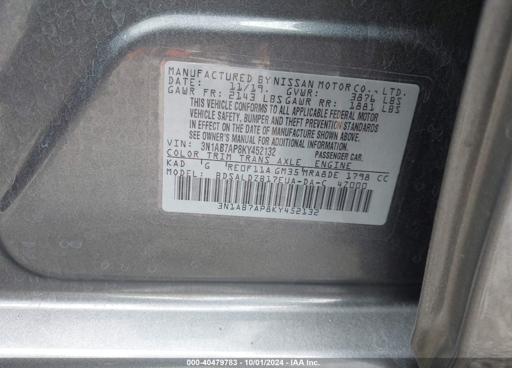 2019 NISSAN SENTRA SV VIN: 3N1AB7AP8KY452132