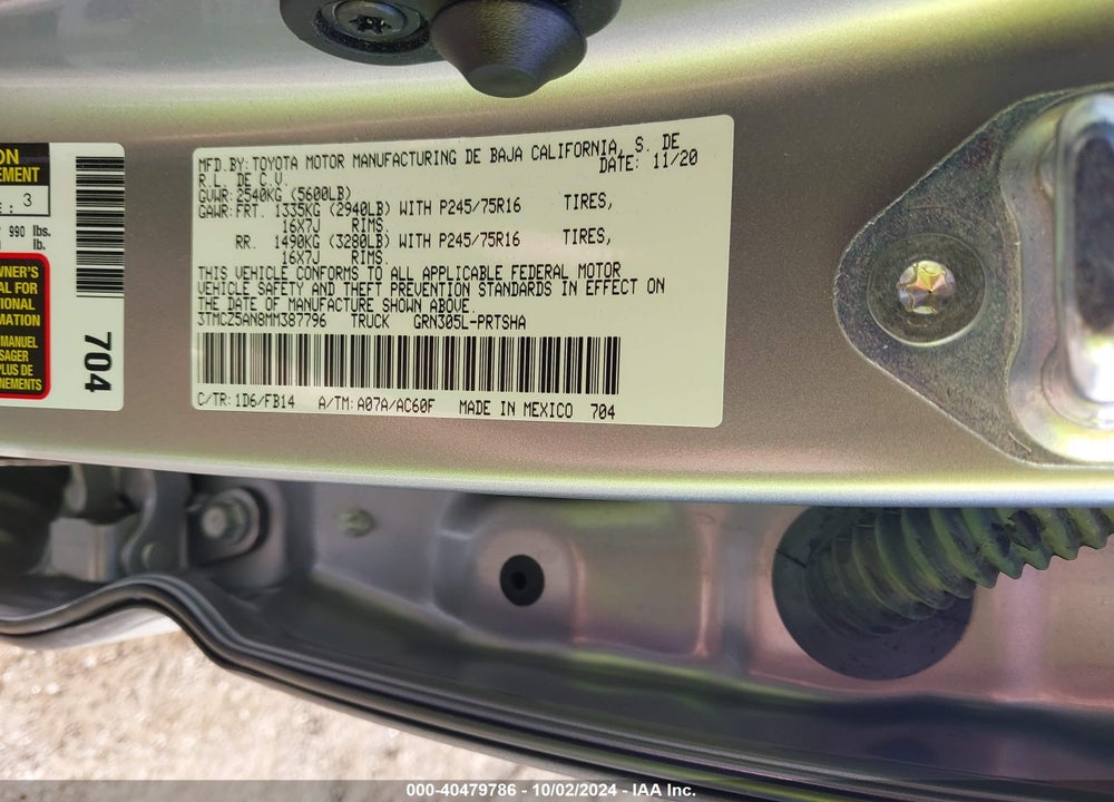 2021 TOYOTA TACOMA SR V6 VIN: 3TMCZ5AN8MM387796