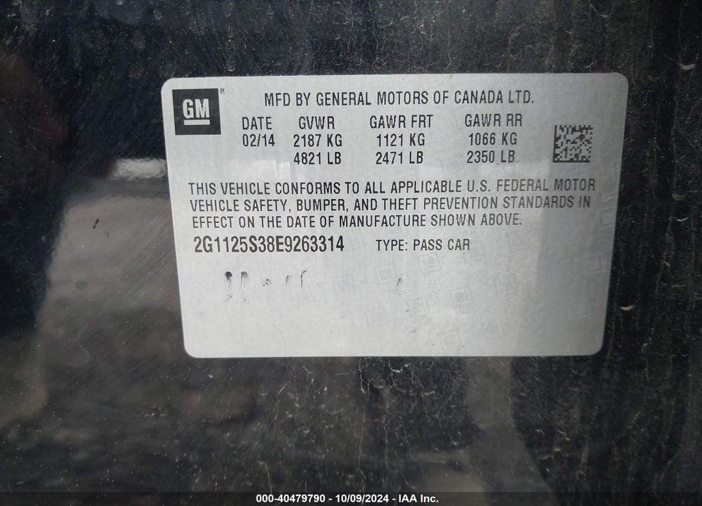 2014 CHEVROLET IMPALA 2LT VIN: 2G1125S38E9263314