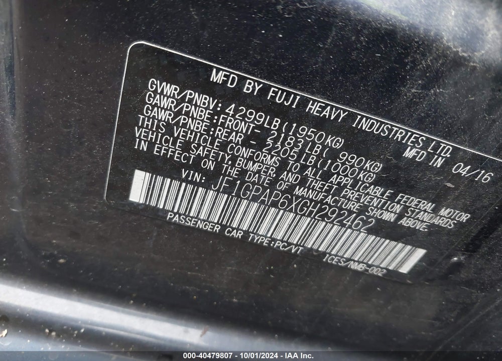 2016 SUBARU IMPREZA 2.0I SPORT PREMIUM VIN: JF1GPAP6XGH292462