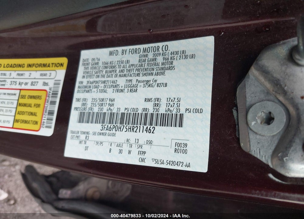 2017 FORD FUSION SE VIN: 3FA6P0H75HR211462