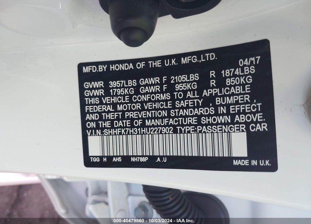 2017 HONDA CIVIC LX VIN: SHHFK7H31HU227902