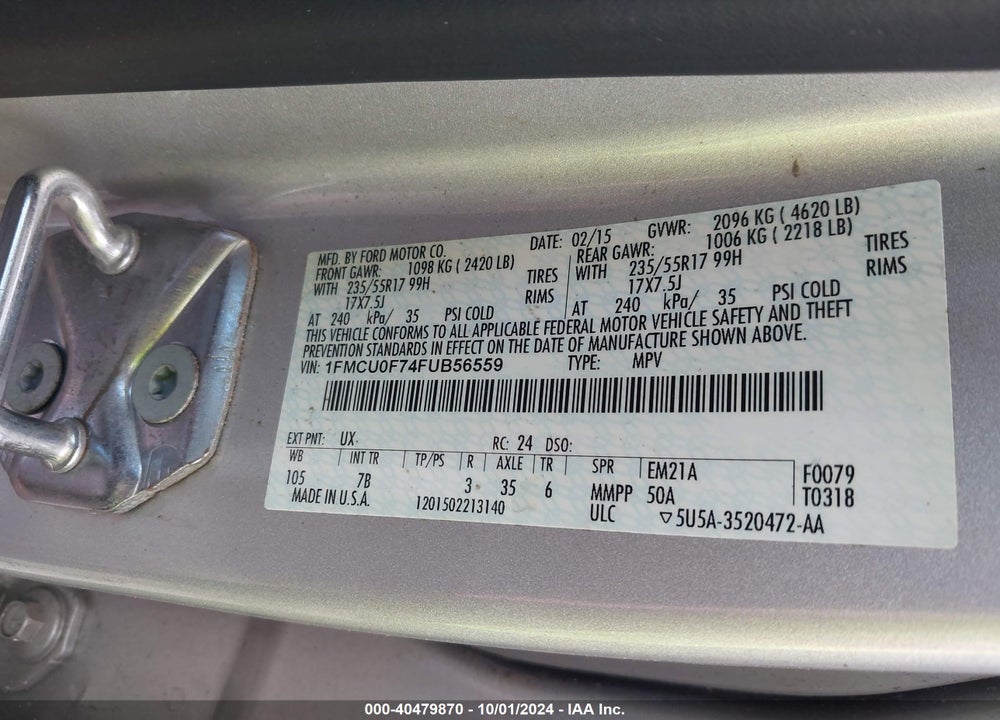 2015 FORD ESCAPE S VIN: 1FMCU0F74FUB56559