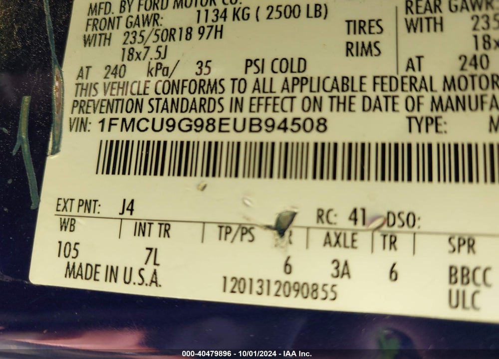 2014 FORD ESCAPE SE VIN: 1FMCU9G98EUB94508