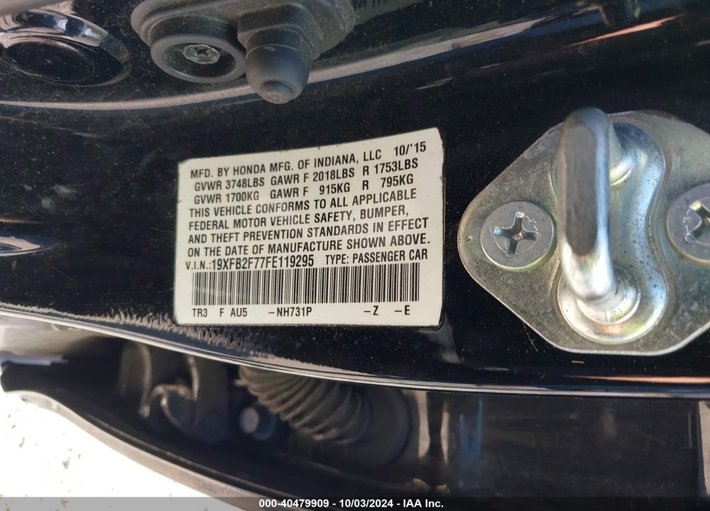 2015 HONDA CIVIC SE VIN: 19XFB2F77FE119295