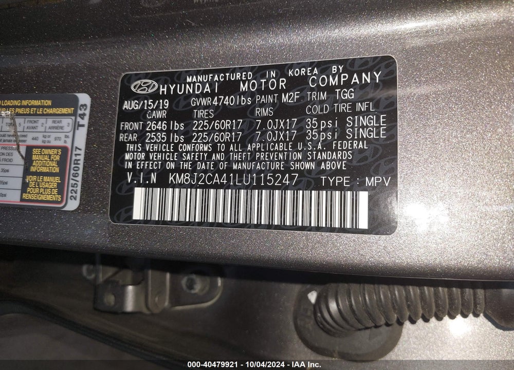 2020 HYUNDAI TUCSON SE VIN: KM8J2CA41LU115247