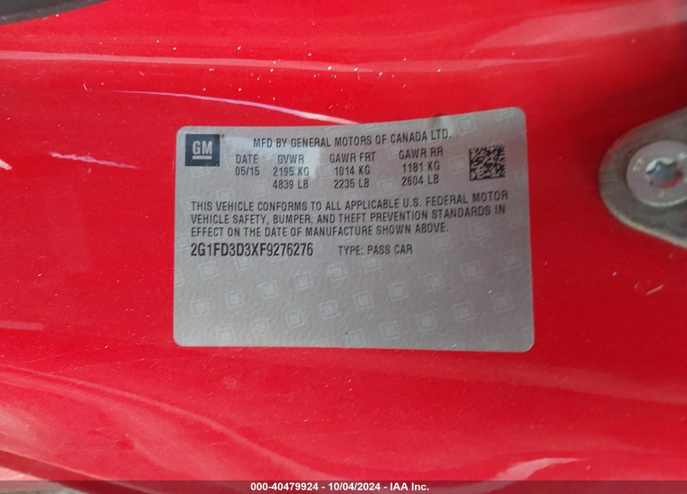 2015 CHEVROLET CAMARO 1LT VIN: 2G1FD3D3XF9276276