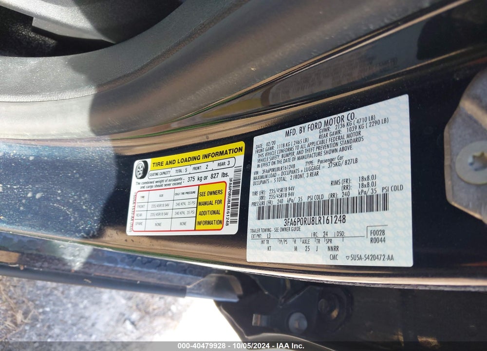 2020 FORD FUSION HYBRID TITANIUM VIN: 3FA6P0RU8LR161248