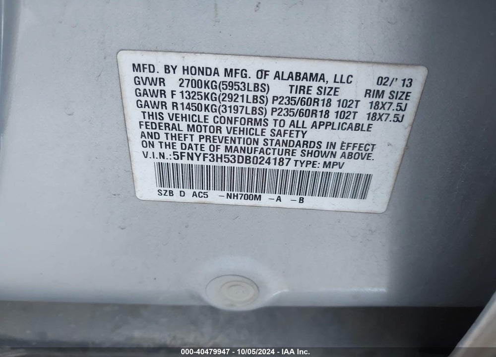 2013 HONDA PILOT EX-L VIN: 5FNYF3H53DB024187