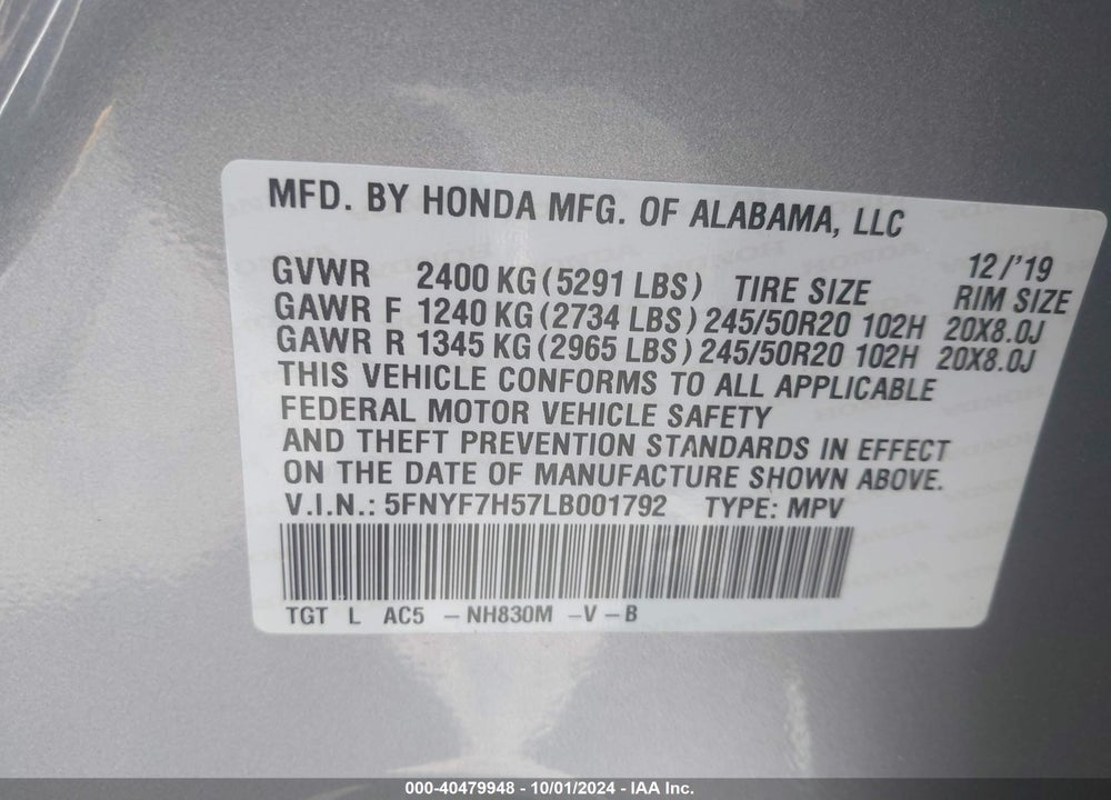 2020 HONDA PASSPORT 2WD EX-L VIN: 5FNYF7H57LB001792