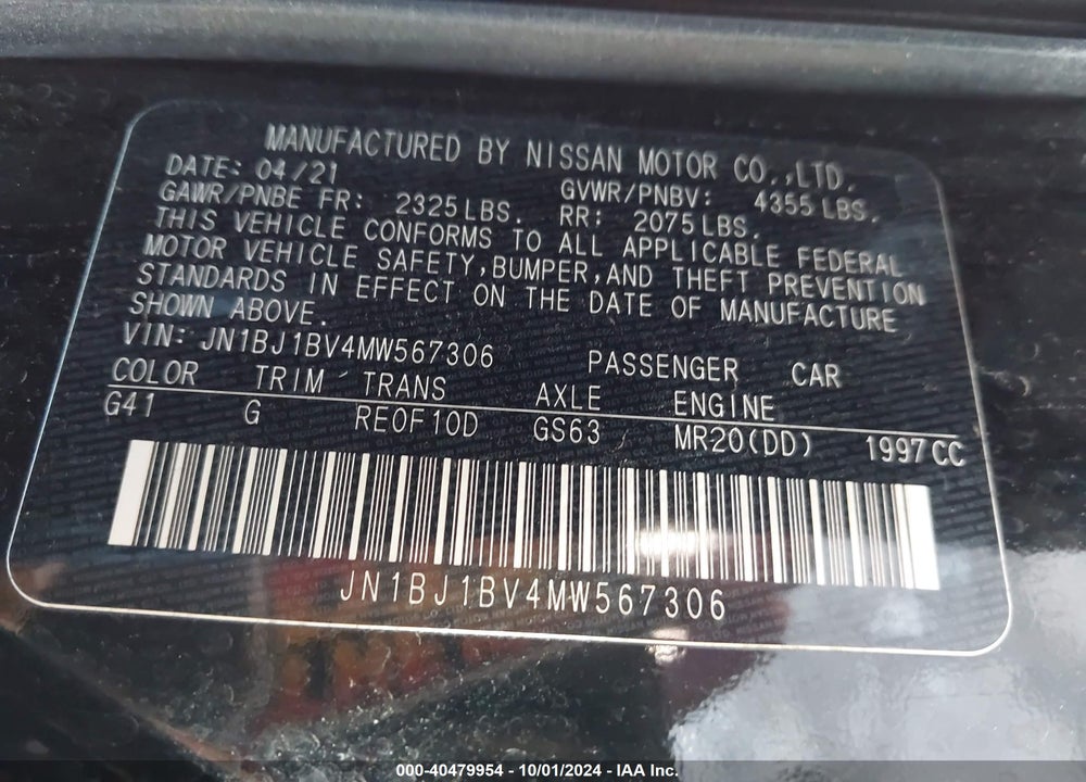 2021 NISSAN ROGUE SPORT SV FWD XTRONIC CVT VIN: JN1BJ1BV4MW567306