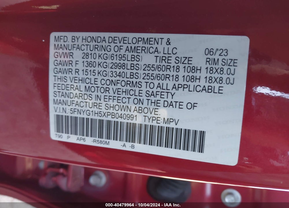 2023 HONDA PILOT AWD EX-L 7 PASSENGER VIN: 5FNYG1H5XPB040991