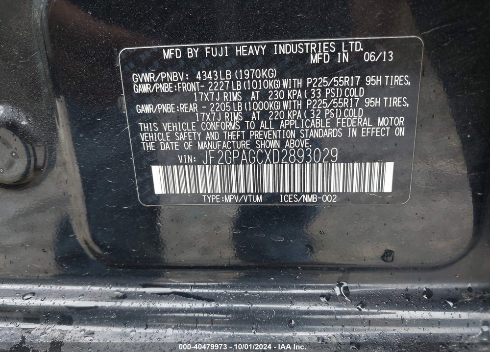 2013 SUBARU XV CROSSTREK 2.0I LIMITED VIN: JF2GPAGCXD2893029