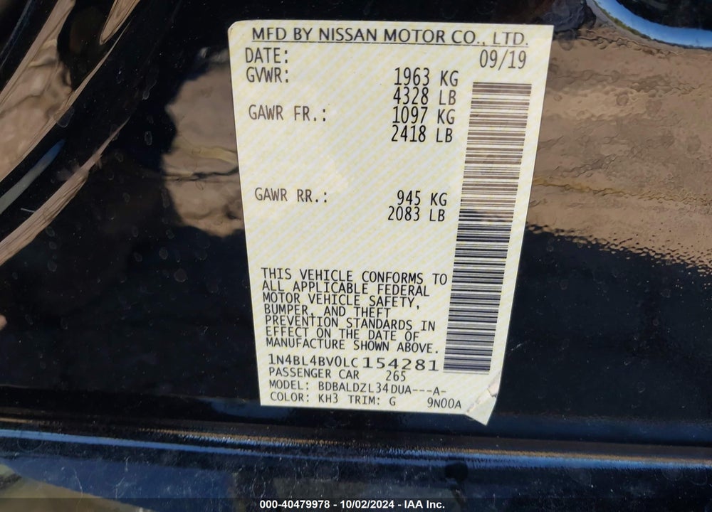 2020 NISSAN ALTIMA S FWD VIN: 1N4BL4BV0LC154281