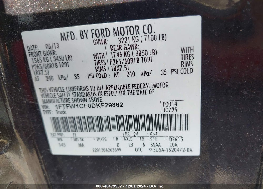 2013 FORD F-150 XLT VIN: 1FTFW1CF0DKF29862