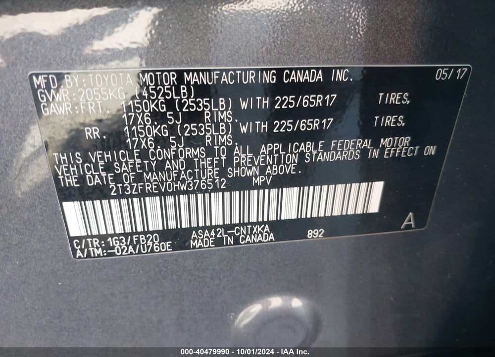2017 TOYOTA RAV4 LE VIN: 2T3ZFREV0HW376512