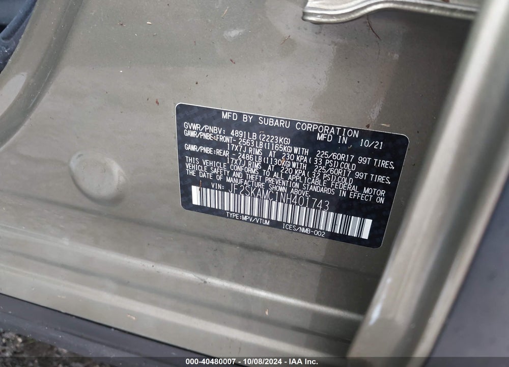 2022 SUBARU FORESTER WILDERNESS VIN: JF2SKAMC1NH401743