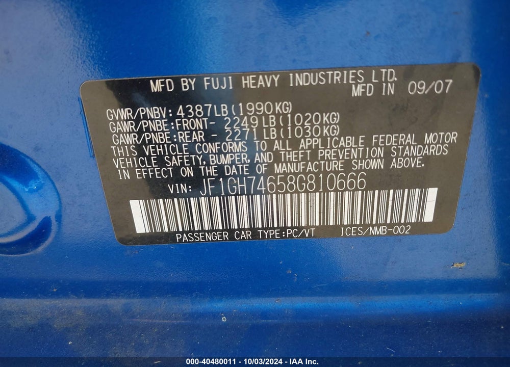 2008 SUBARU IMPREZA WRX VIN: JF1GH74658G810666