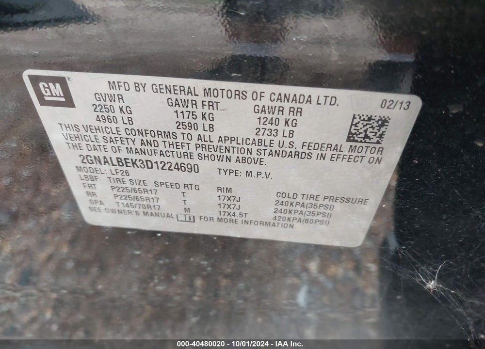 2013 CHEVROLET EQUINOX LS VIN: 2GNALBEK3D1224690