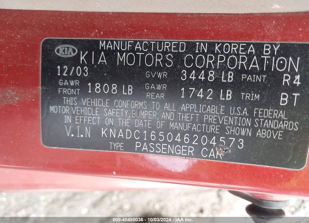 2004 KIA RIO CINCO VIN: KNADC165046204573