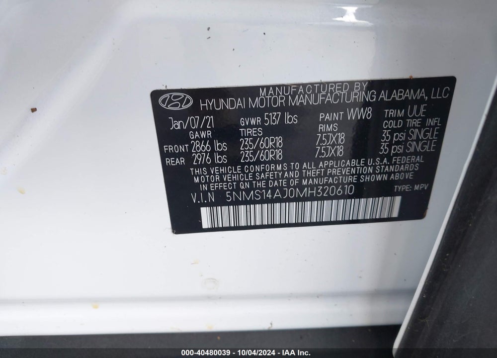 2021 HYUNDAI SANTA FE SE VIN: 5NMS14AJ0MH320610