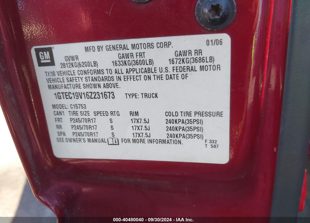 2006 GMC SIERRA 1500 SLE1 VIN: 1GTEC19V16Z231673