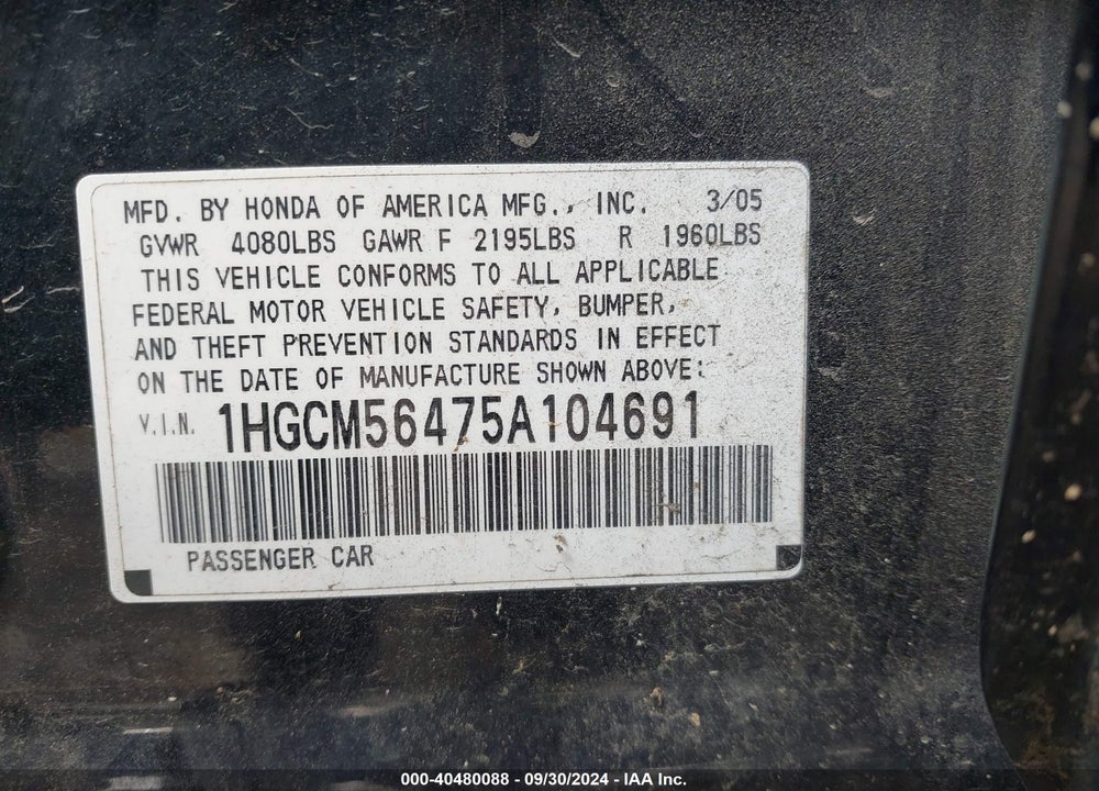 2005 HONDA ACCORD 2.4 LX VIN: 1HGCM56475A104691