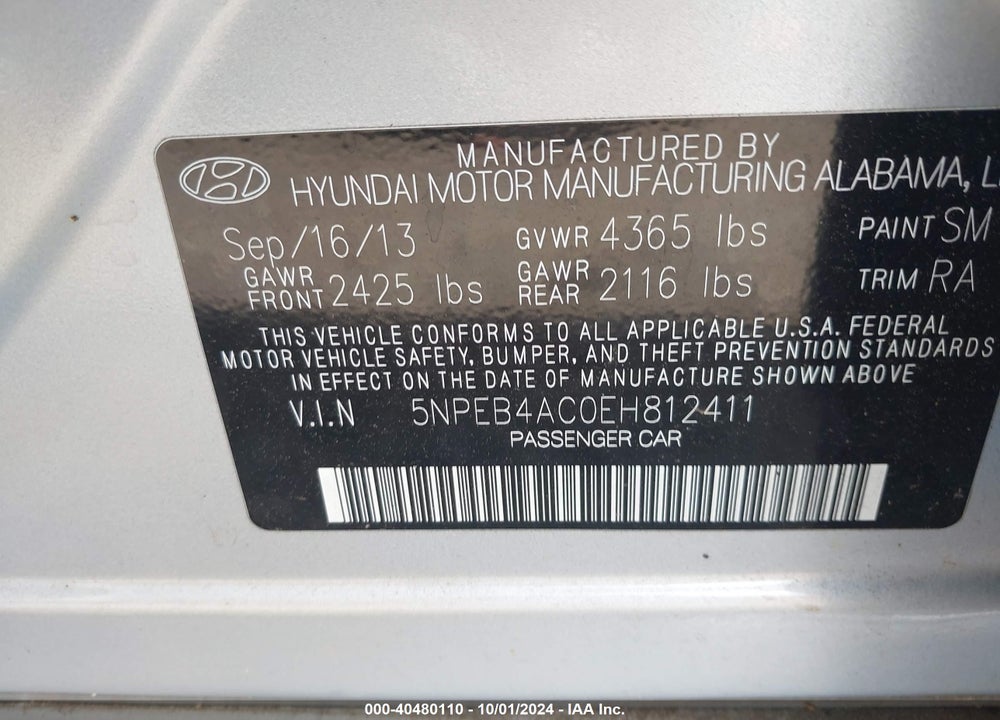 2014 HYUNDAI SONATA GLS VIN: 5NPEB4AC0EH812411