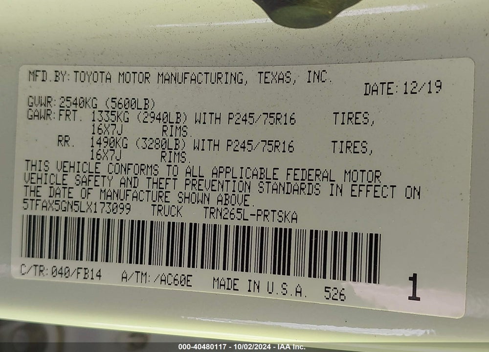 2020 TOYOTA TACOMA SR VIN: 5TFAX5GN5LX173099