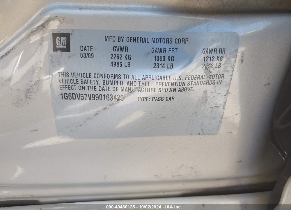 2009 CADILLAC CTS STANDARD VIN: 1G6DV57V990163439