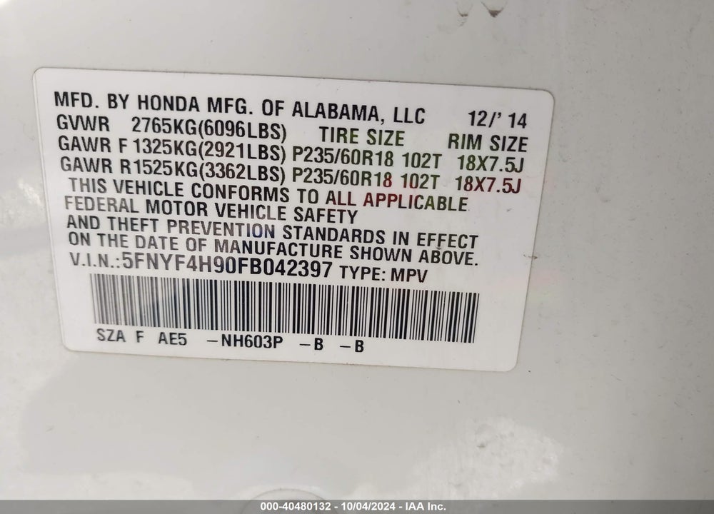 2015 HONDA PILOT TOURING VIN: 5FNYF4H90FB042397