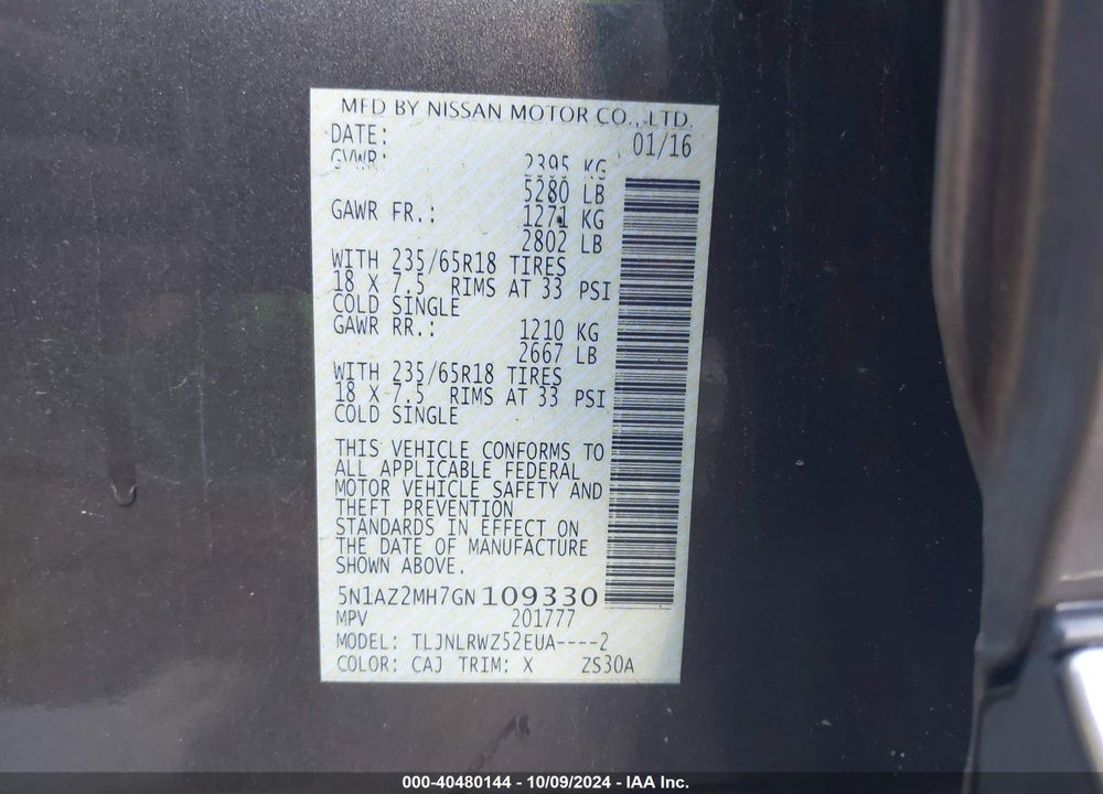 2016 NISSAN MURANO SL VIN: 5N1AZ2MH7GN109330