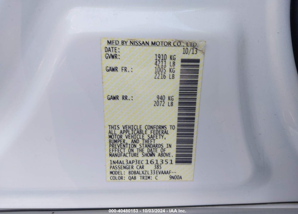 2014 NISSAN ALTIMA 2.5 SL VIN: 1N4AL3AP3EC161351