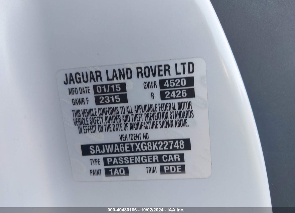 2016 JAGUAR F-TYPE VIN: SAJWA6ETXG8K22748