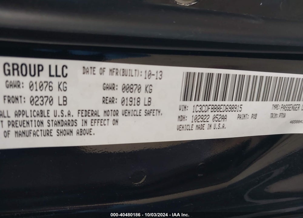 2014 DODGE DART SXT VIN: 1C3CDFBB8ED698915