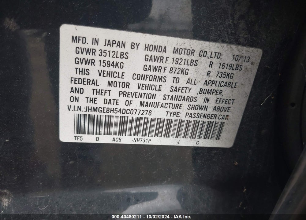 2013 HONDA FIT SPORT VIN: JHMGE8H54DC077276