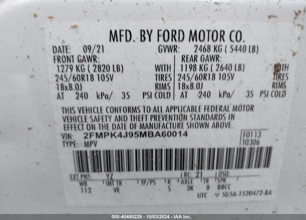 2021 FORD EDGE SEL VIN: 2FMPK4J95MBA60014