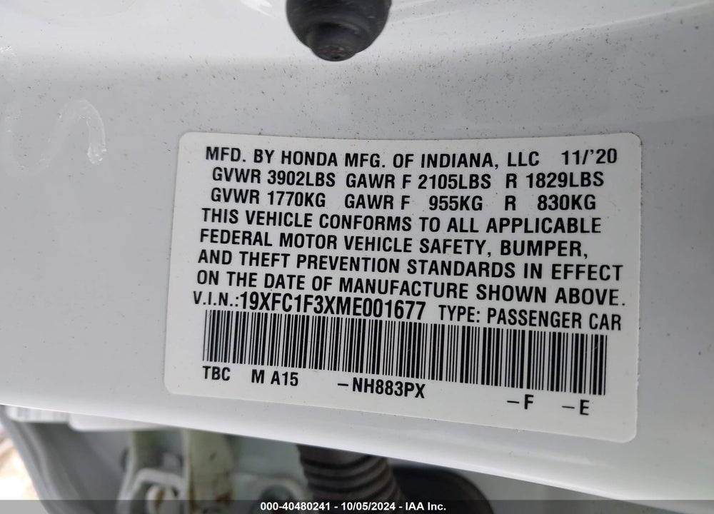 2021 HONDA CIVIC EX VIN: 19XFC1F3XME001677
