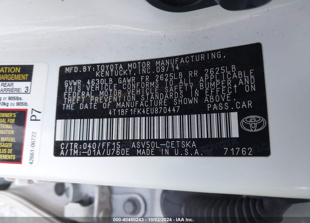 2014 TOYOTA CAMRY SE VIN: 4T1BF1FK4EU870447