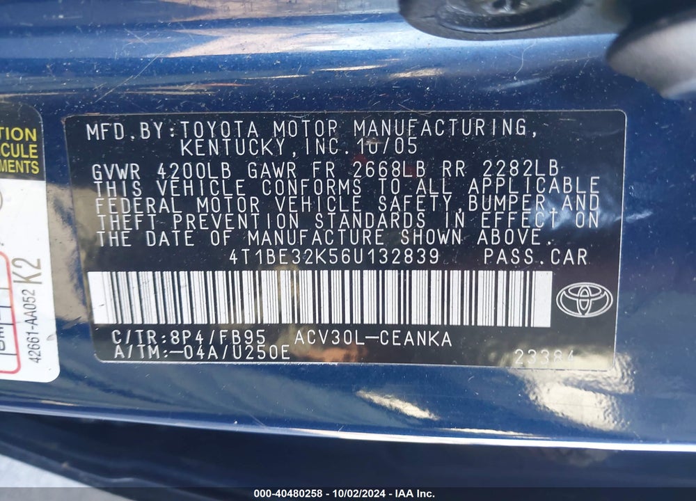 2006 TOYOTA CAMRY LE VIN: 4T1BE32K56U132839