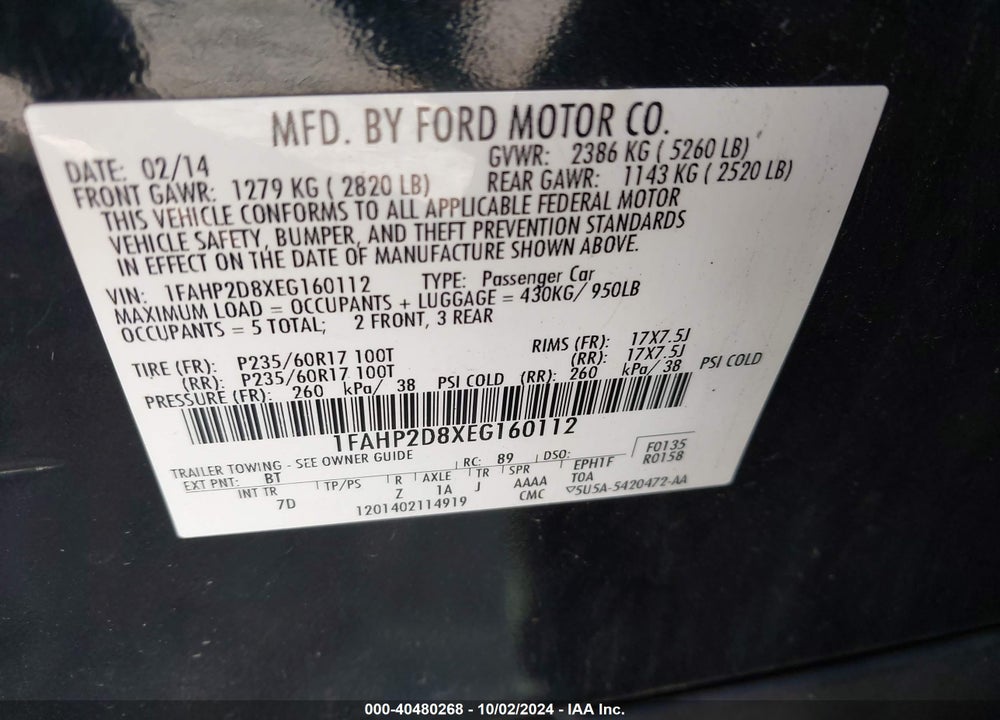 2014 FORD TAURUS SE VIN: 1FAHP2D8XEG160112