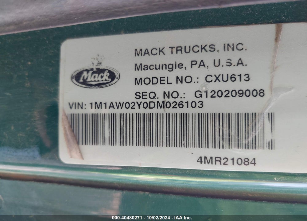 2013 MACK CXU613 CXU600 VIN: 1M1AW02Y0DM026103