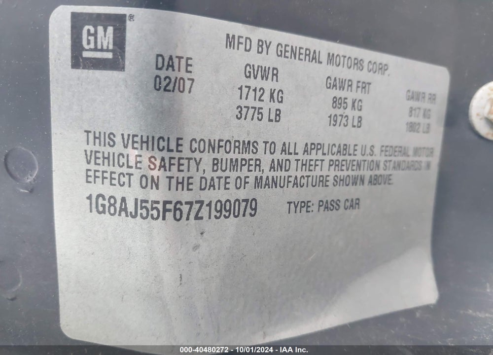 2007 SATURN ION VIN: 1G8AJ55F67Z199079
