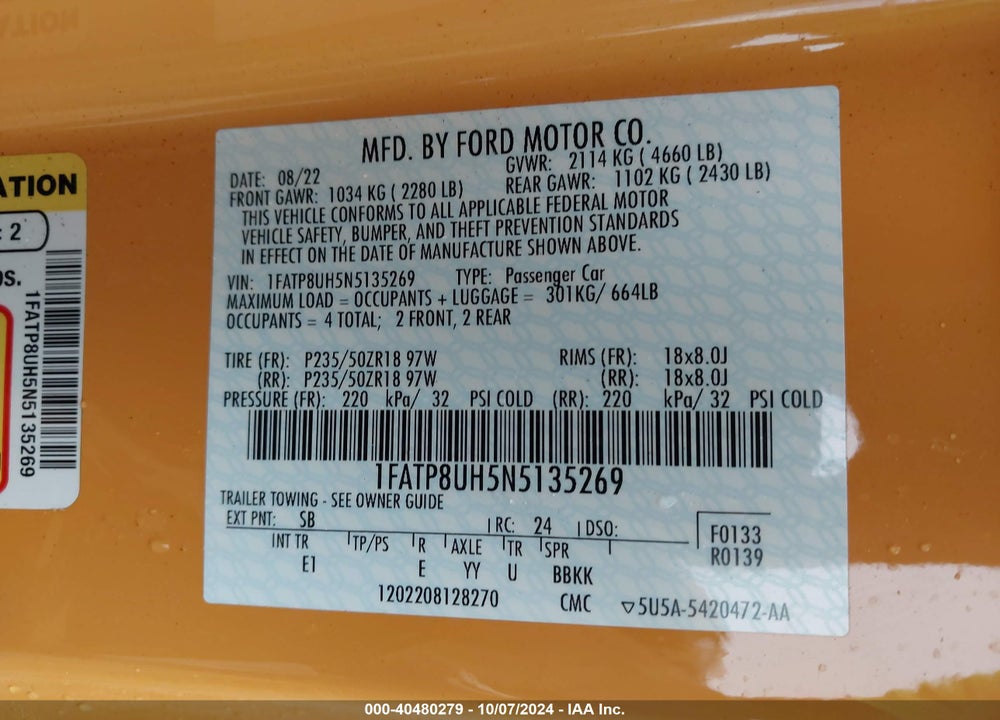 2022 FORD MUSTANG ECOBOOST PREMIUM VIN: 1FATP8UH5N5135269